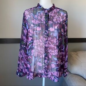 THE TOG SHOP petite size PL casual button down floral print transparent bib neck